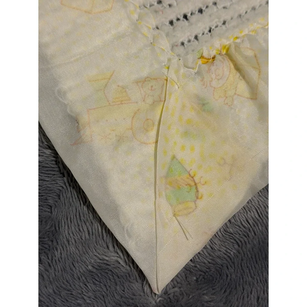 Vintage Carter's Baby Blanket Cream Yellow Satin Ruffle Trim Nursery Bear Train